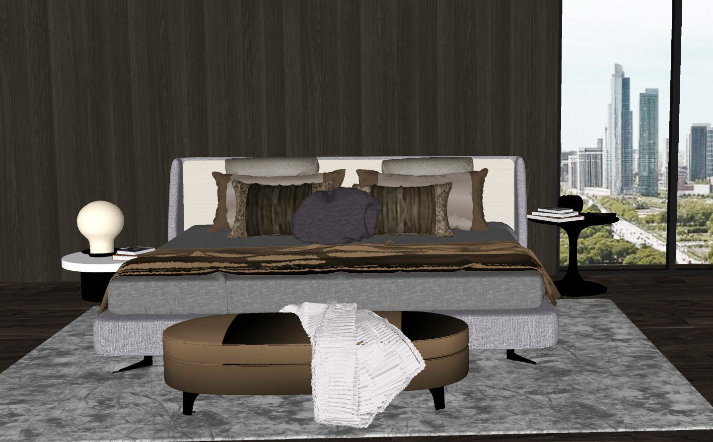 现代双人床床尾凳踏地毯 (1)su草图模型下载