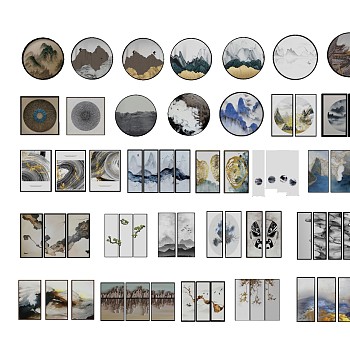 新中式山水挂画墙饰 装饰画 禅意圆形装饰画 三联幅 四联幅su草图模型下载