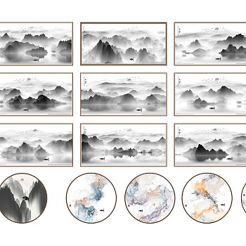 中式新中式意境山水装饰画，横幅圆形挂画su草图模型下载