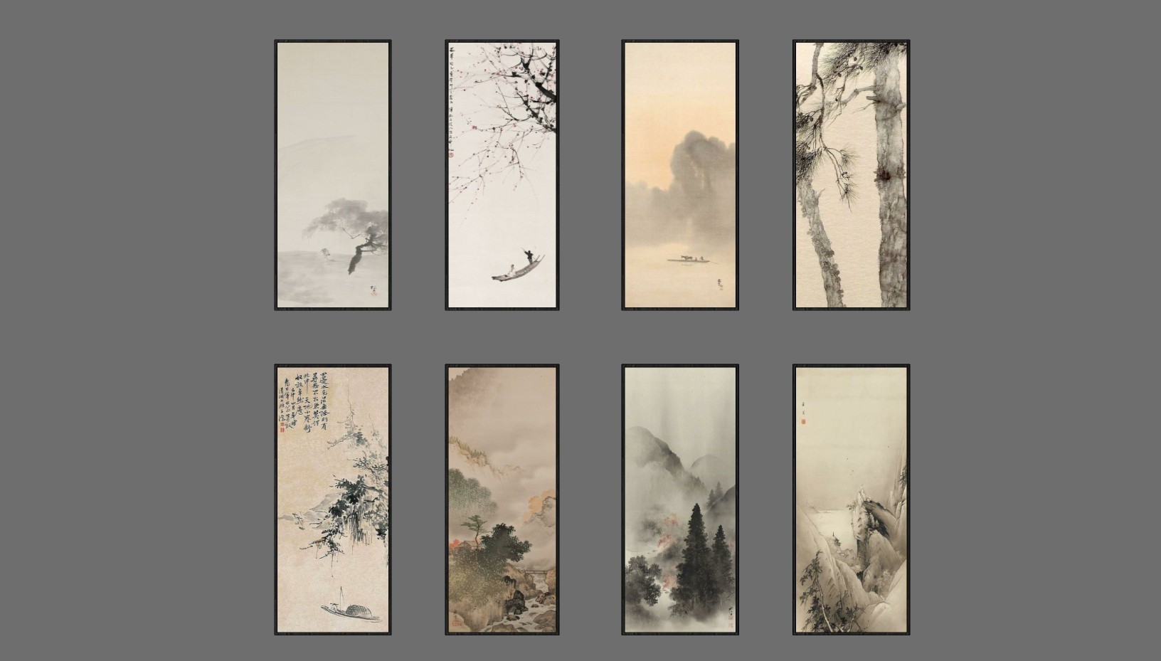中式新中式山水意境挂画，水墨装饰画组合su草图模型下载