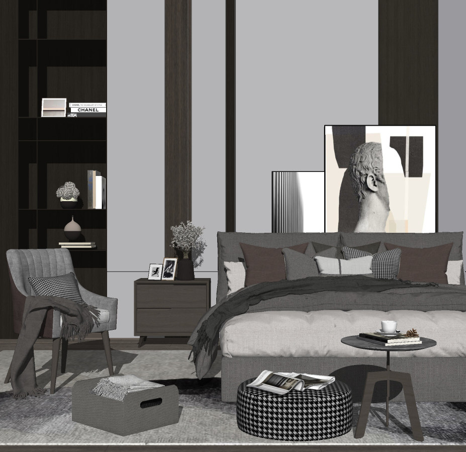现代高级黑白灰卧室双人床，装饰画，单人沙发，榻，边几，饰品摆件su草图模型下载