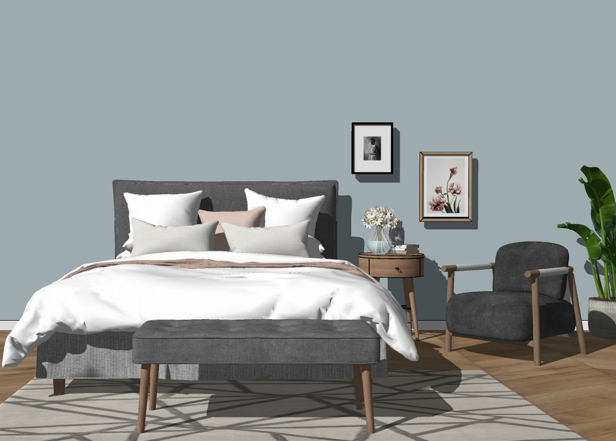 北欧小清新卧室，双人床，单人沙发，床尾凳，装饰挂画绿植盆栽su草图模型下载