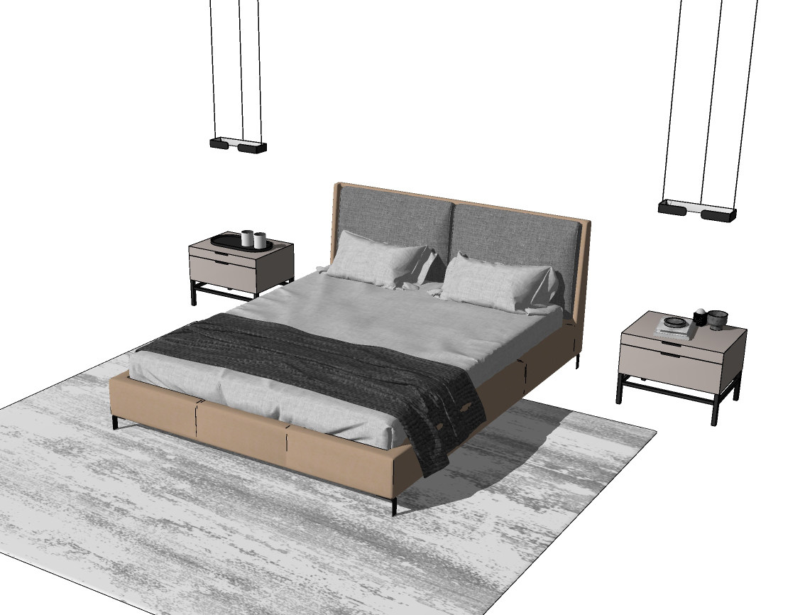 现代双人床，床头柜，床头小吊灯，地毯su草图模型下载