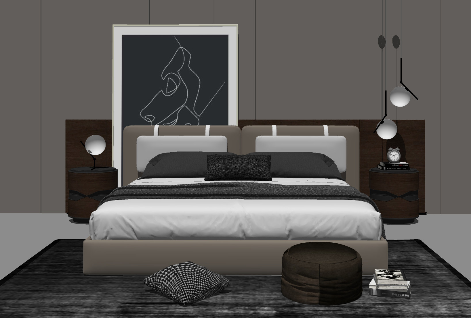 现代双人床，床头柜，床头小吊灯，床头装饰画，墩子su草图模型下载