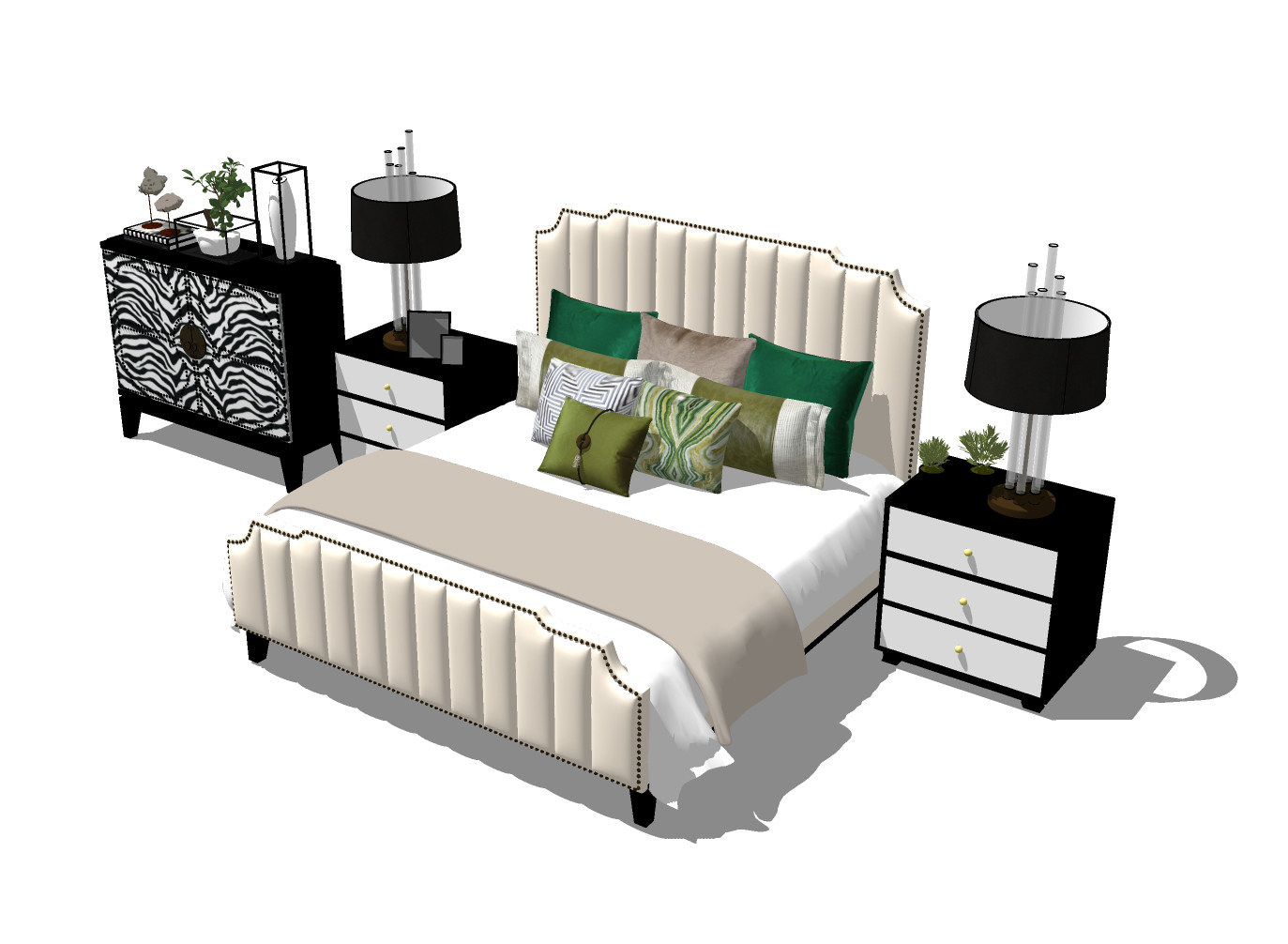 欧式双人床，床头柜，台灯，五斗柜边柜，饰品摆件su草图模型下载