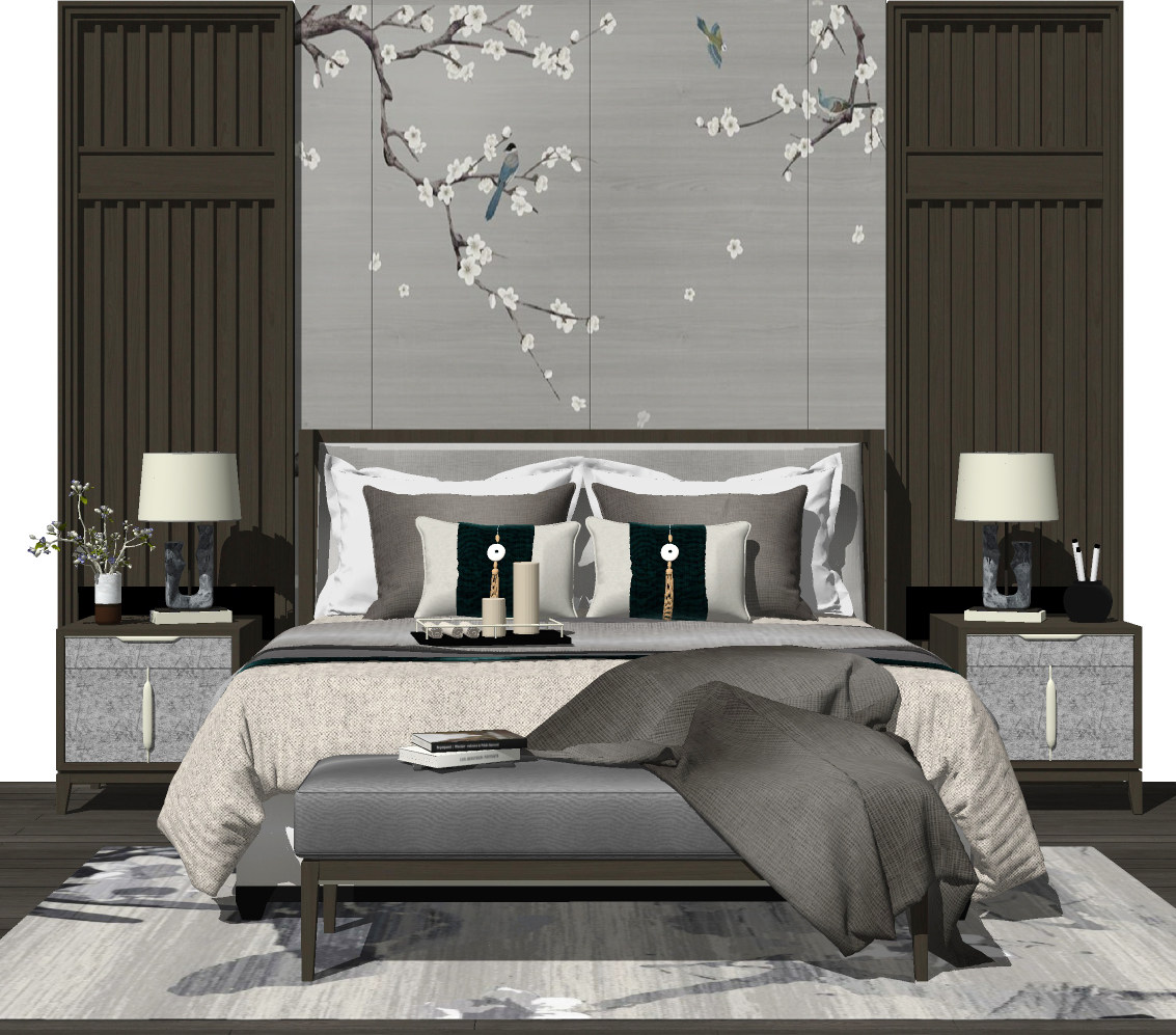 中式新中式双人床，床品，床头柜组合，台灯，摆件，床尾凳，床头背景墙su草图模型下载