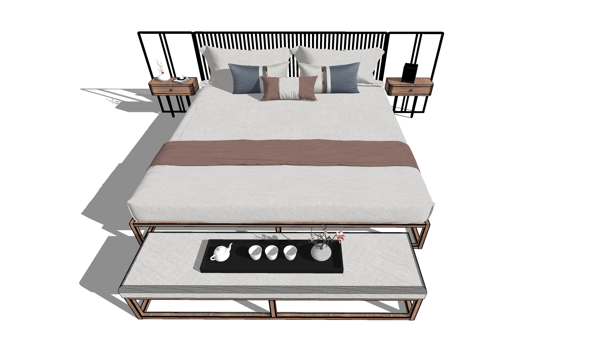 新中式风格双人床，禅意民宿家具，床单，枕头，床尾凳，茶具托盘su草图模型下载