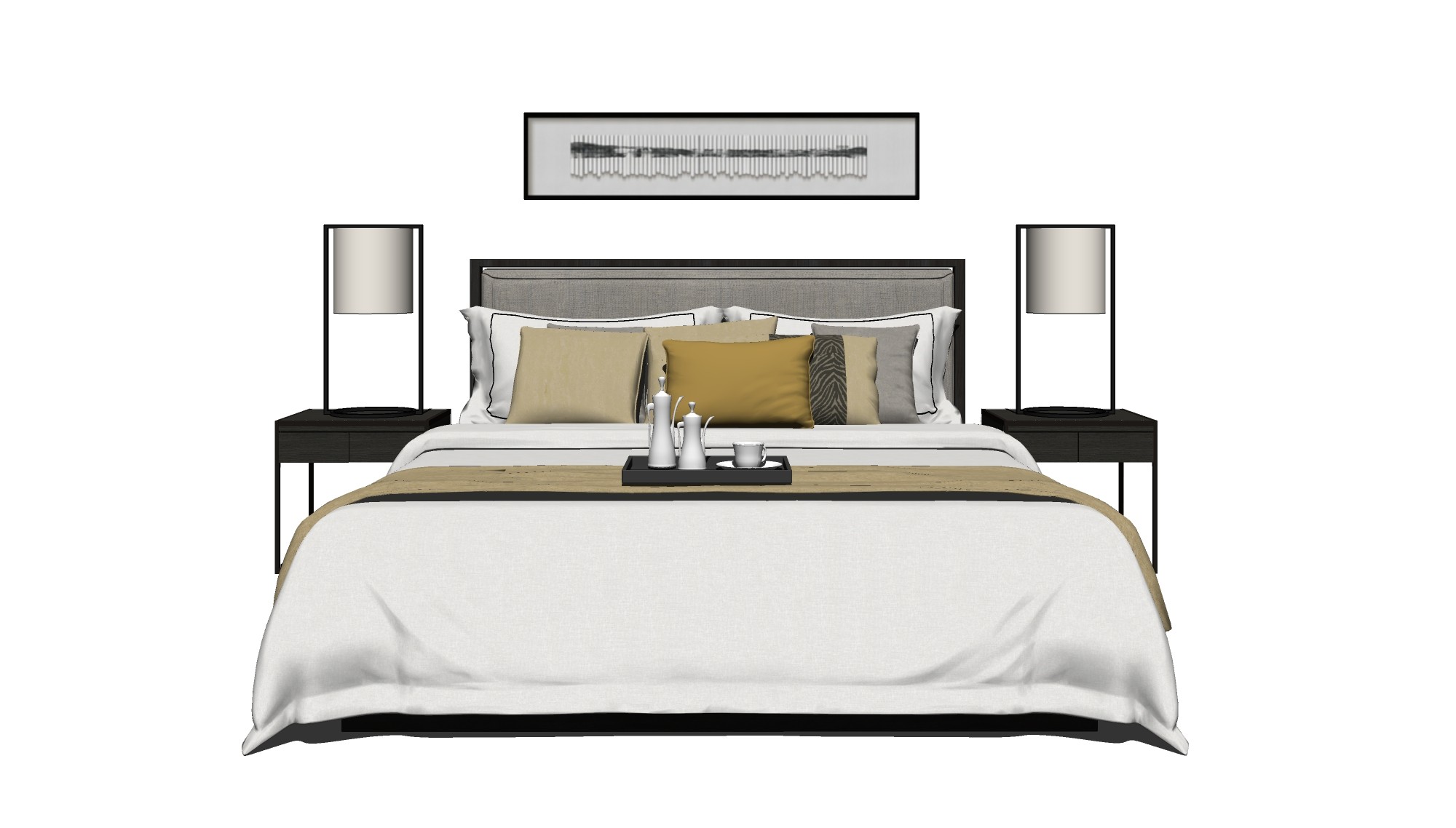 新中式风格双人床，床头柜，台灯，床头立体装饰挂画，摆件托盘su草图模型下载
