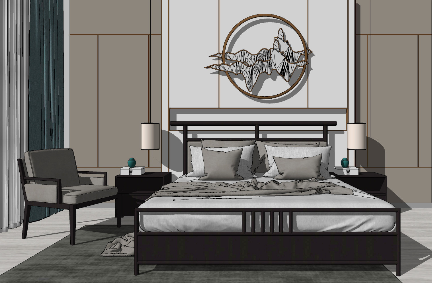 中式新中式卧室双人床，床头柜，单人椅，床头小吊灯，摆件，圆形墙饰，床头背景墙su草图模型下载