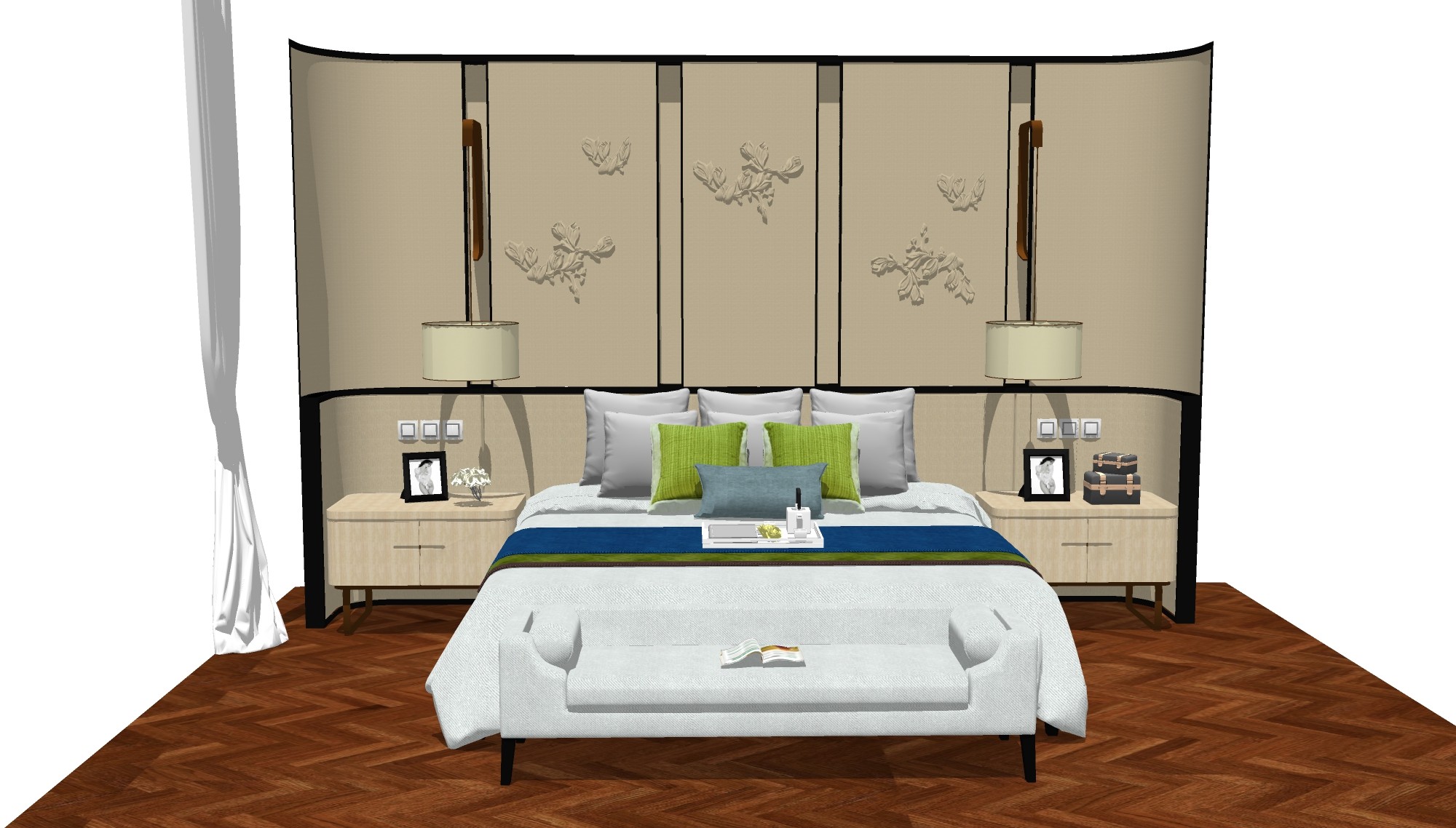 新中式双人床，雕刻立体硬包背景墙，壁灯，床尾凳，摆件，窗帘su草图模型下载