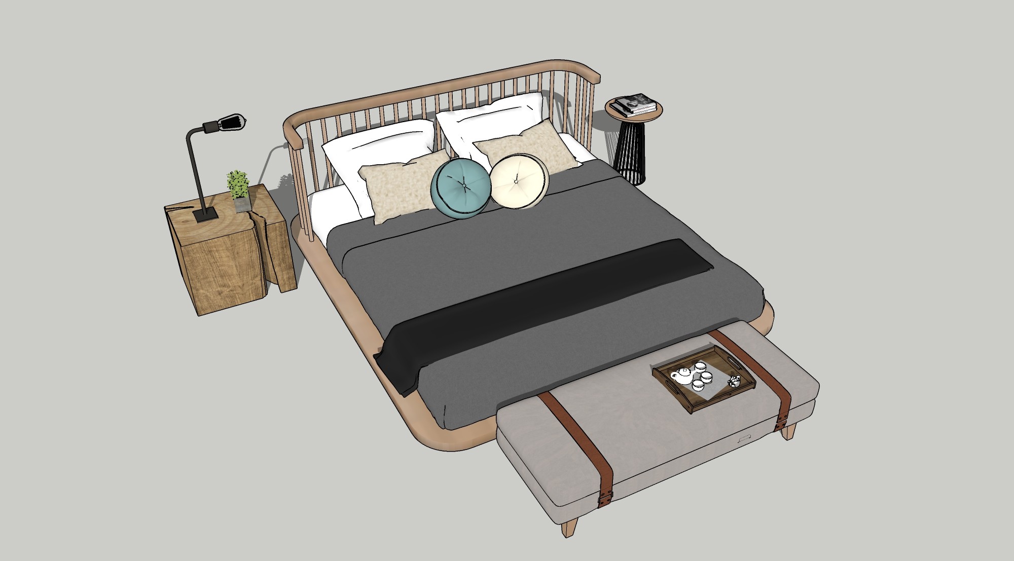 中式新中式双人床，民宿床，床头柜，木头墩子，台灯，床尾凳，茶盘su草图模型下载