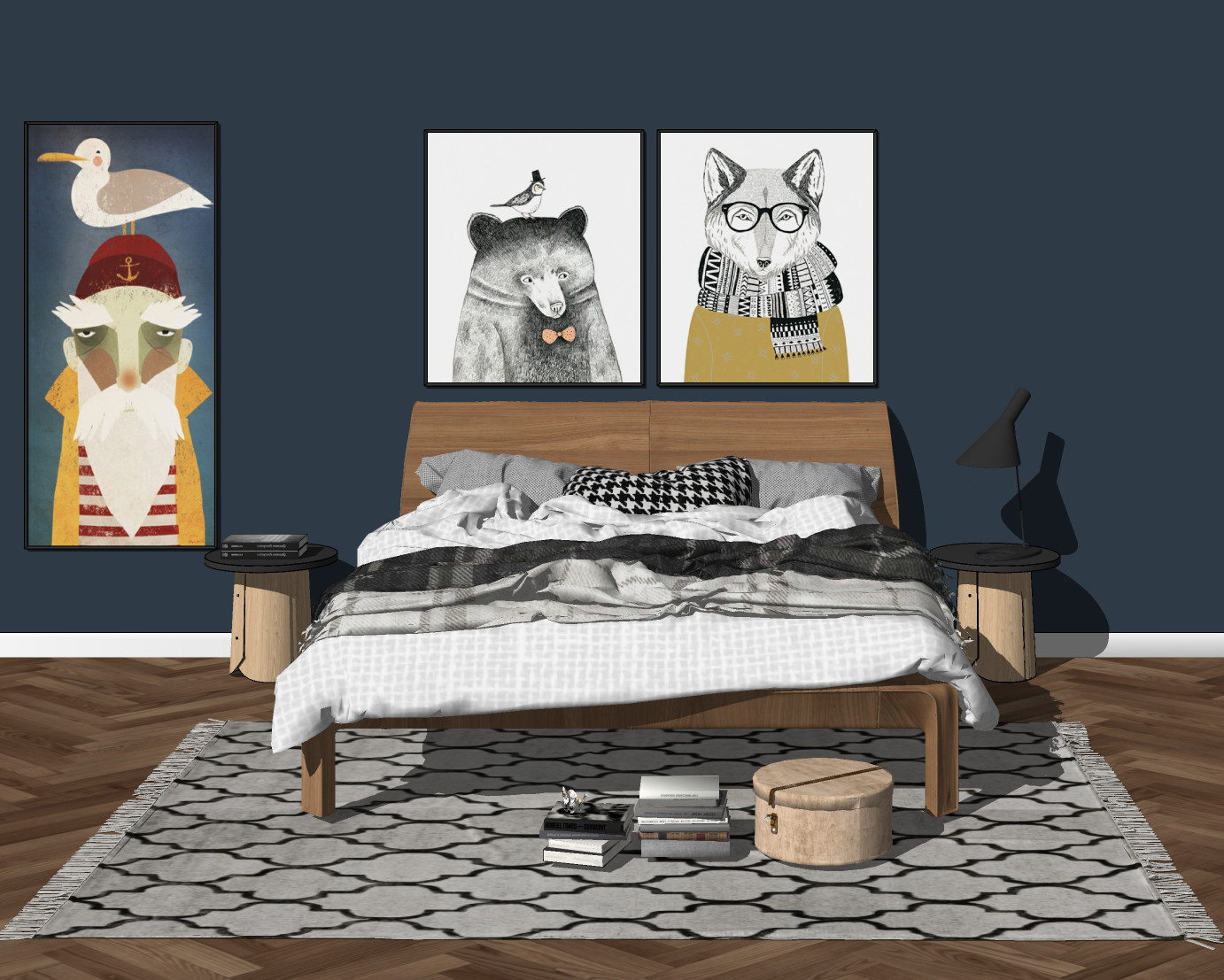 北欧木艺双人床，床头柜，床头装饰挂画组合，台灯su草图模型下载
