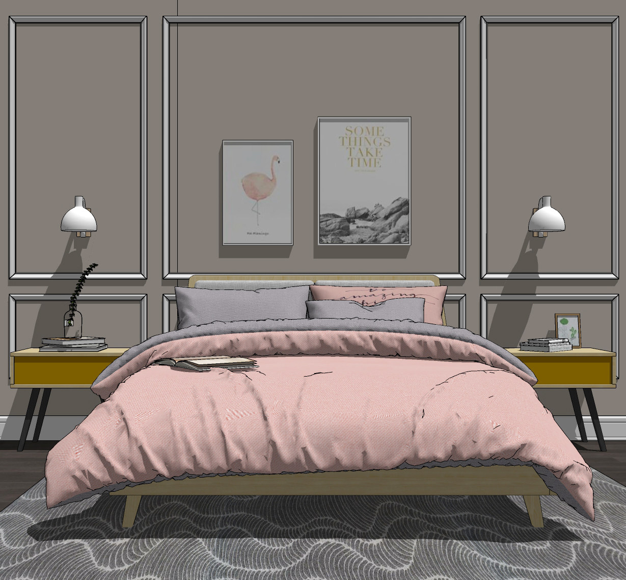北欧双人床，床头柜，床头壁灯组合， 装饰画，地毯su草图模型下载