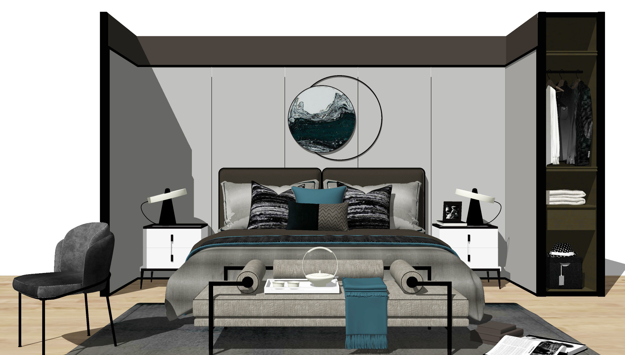 新中式双人床，床尾凳，床头柜，台灯，墙饰，硬包背景墙，小茶盘su草图模型下载
