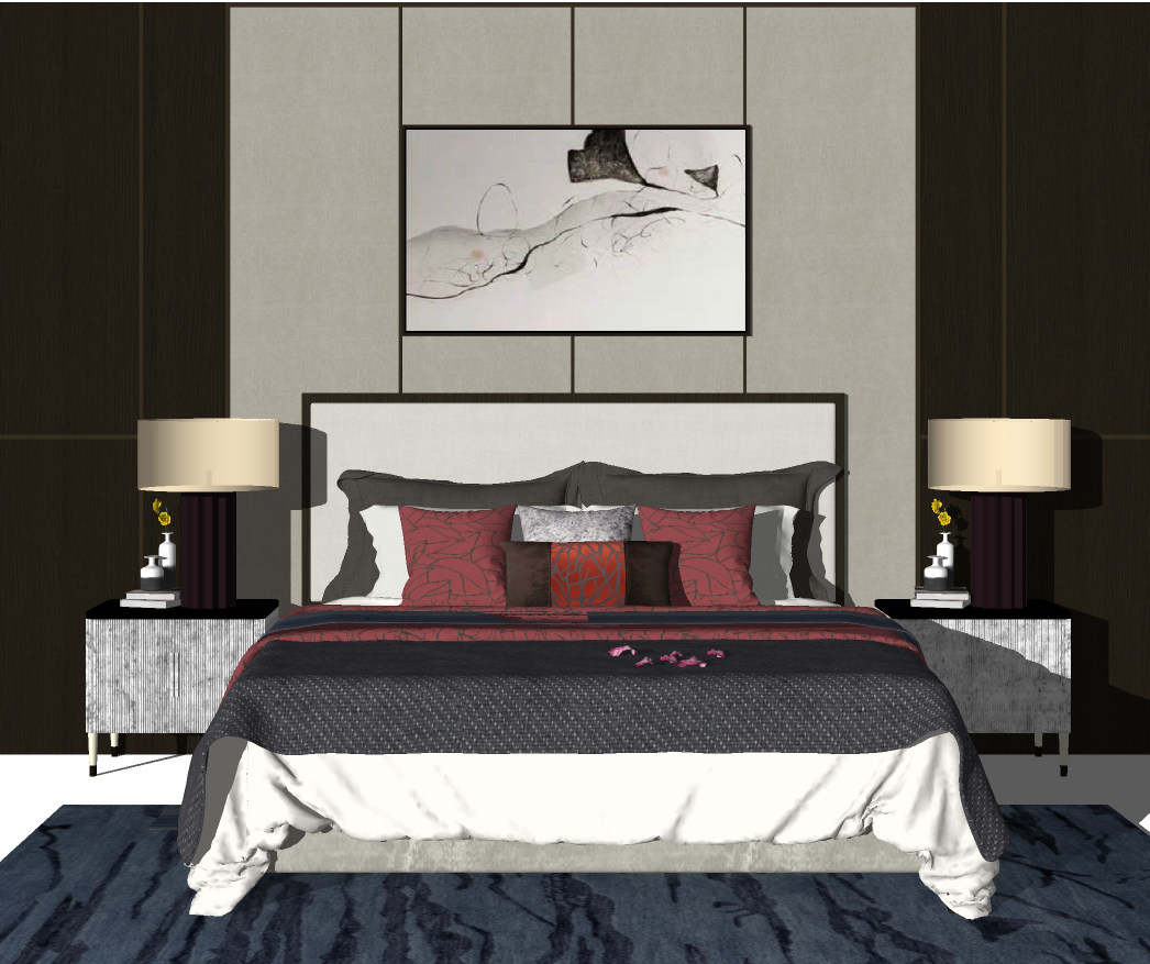 新中式双人床，床品，床头柜，台灯，花瓶摆件，床头装饰挂画su草图模型下载