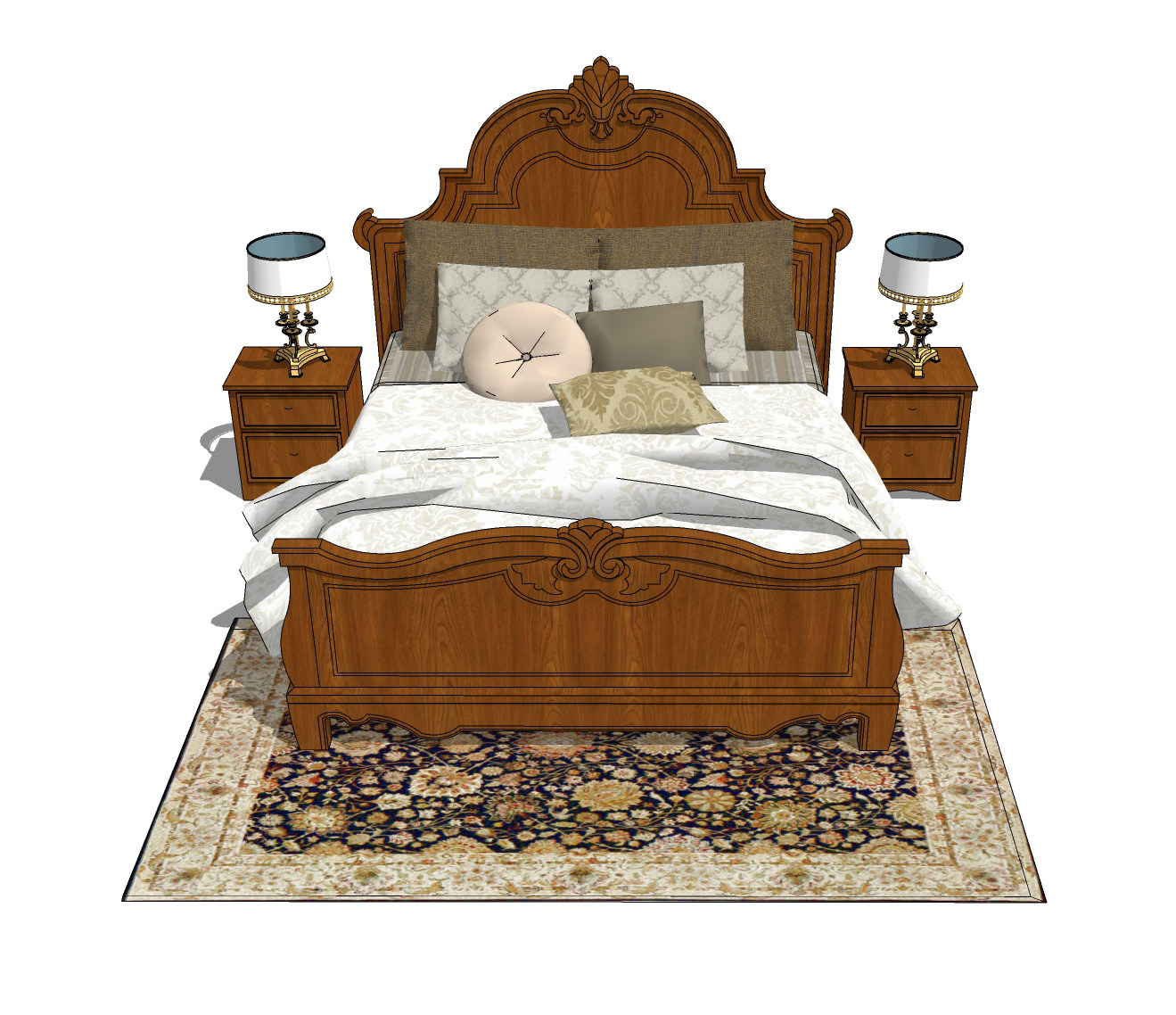 欧式木质双人床，床头柜，台灯，地毯su草图模型下载