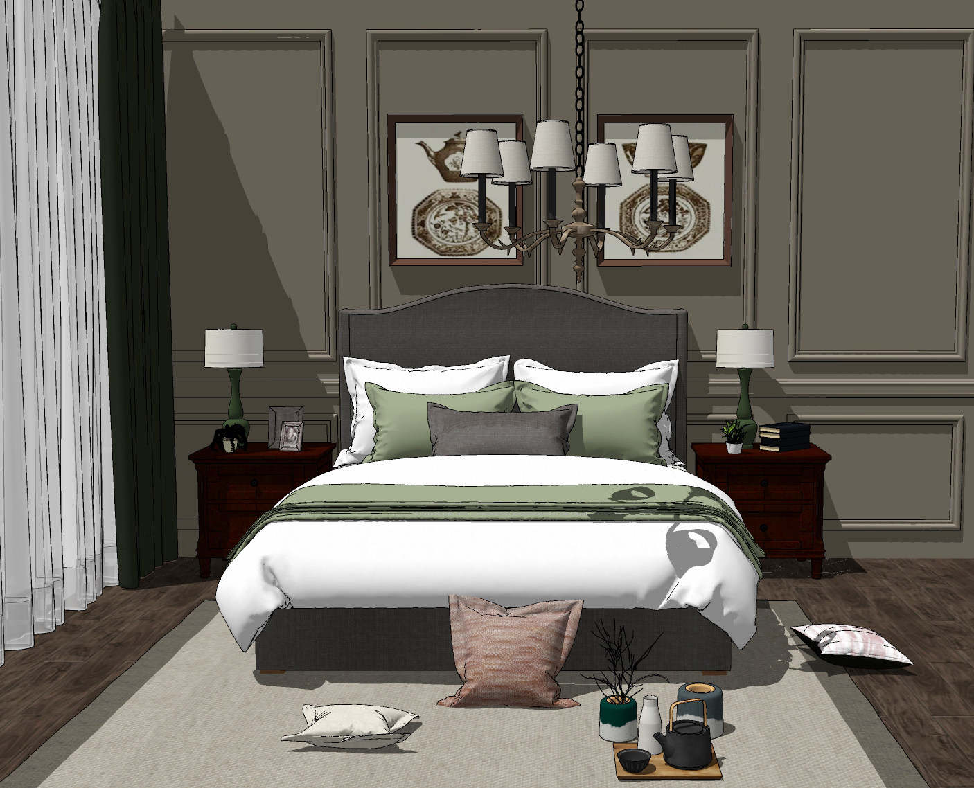 美式卧室布艺双人床，床头柜，台灯，吊灯，茶具，装饰挂画组合su草图模型下载