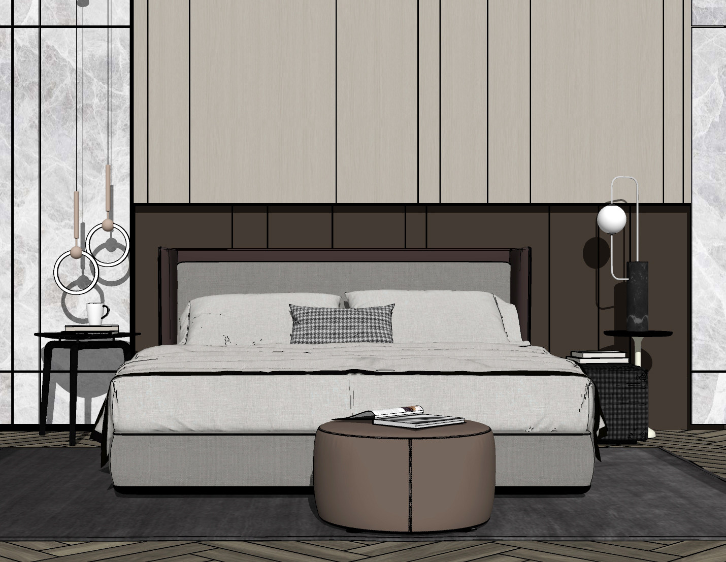 现代双人床，床头柜组合，床头小吊灯，摆件，墩子床尾凳，床头背景墙su草图模型下载