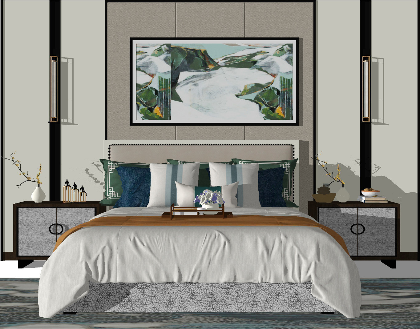 新中式双人床，床品，床头柜，壁灯，花瓶摆件，装饰挂画，床头硬包背景墙su草图模型下载
