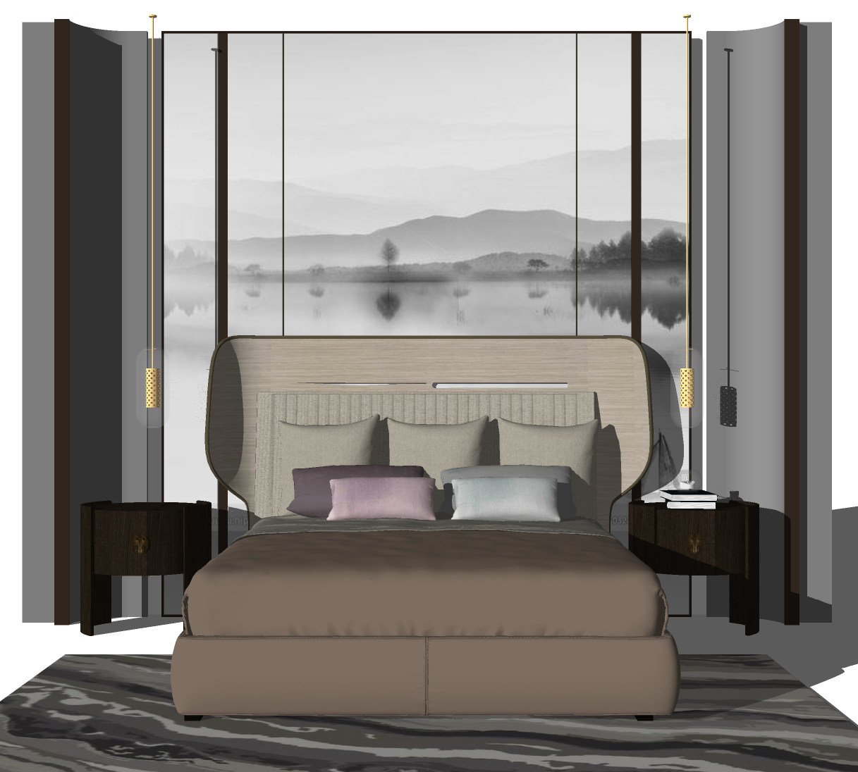 新中式双人床，床头柜，床头小吊灯，地毯，弧形硬包床头背景墙su草图模型下载