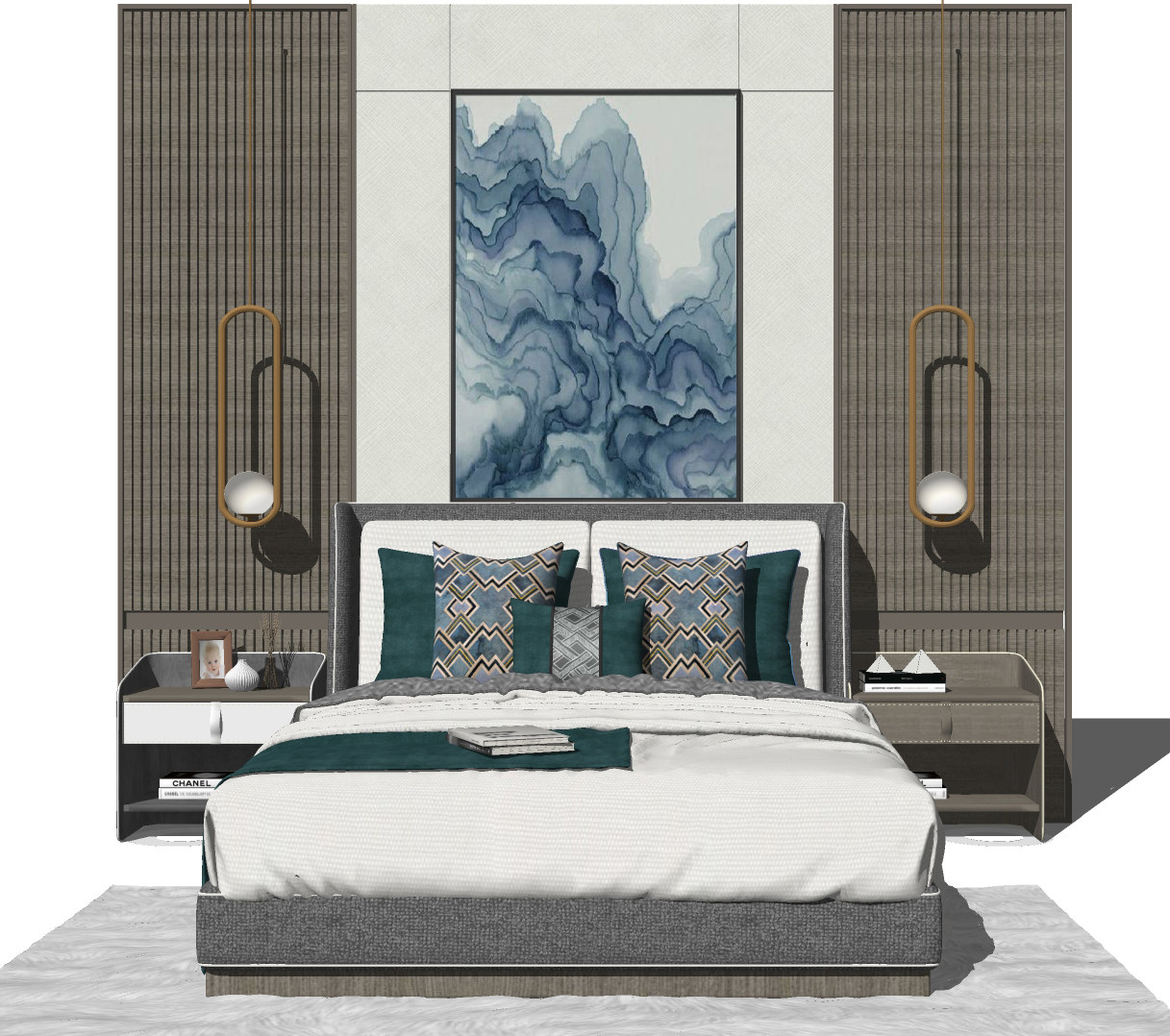 新中式双人床，床品，床头柜，床头小吊灯，装饰挂画，摆件，床头背景墙su草图模型下载