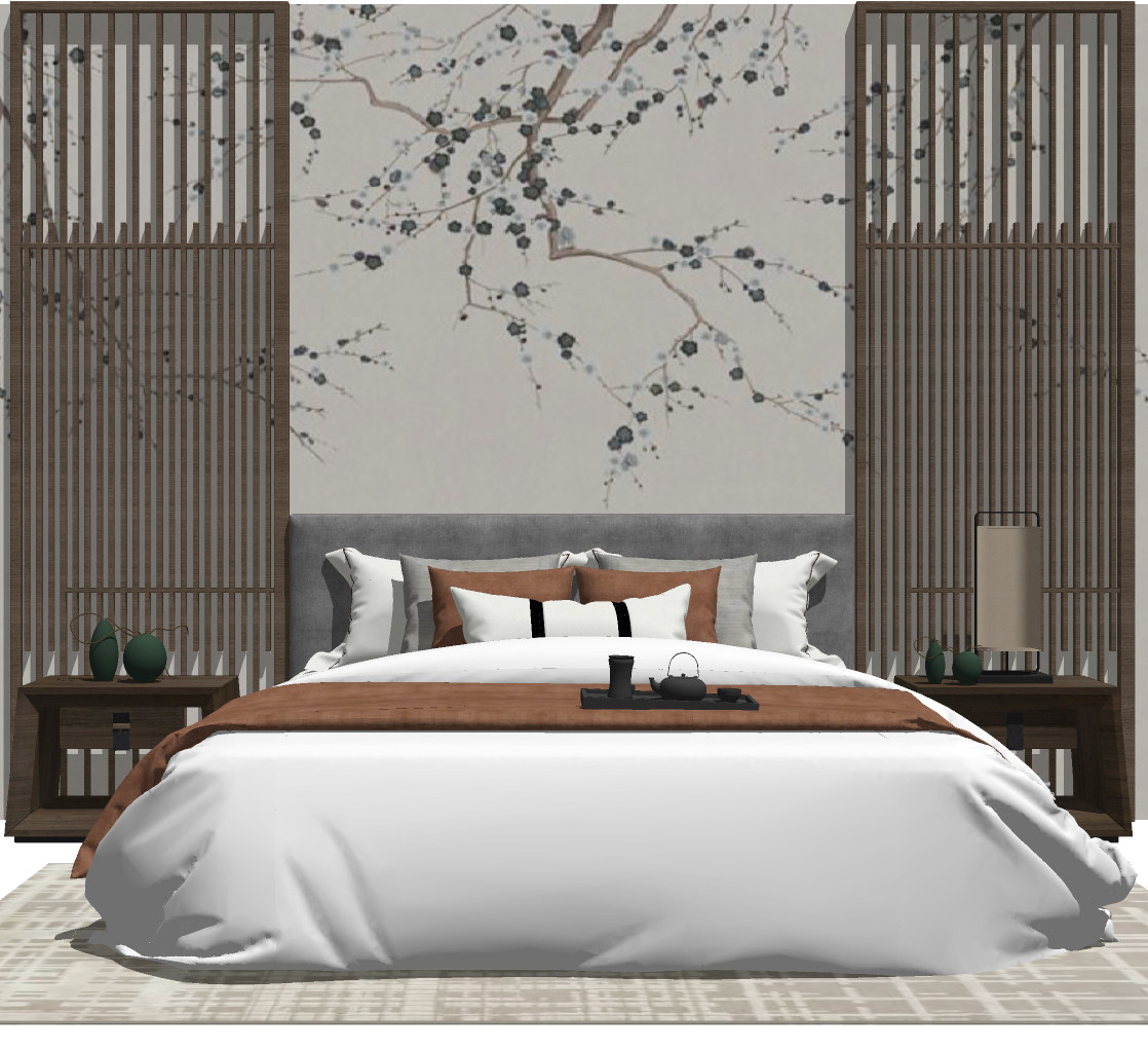 中式新中式双人床，床头柜，台灯，摆件，床头背景墙，地毯su草图模型下载