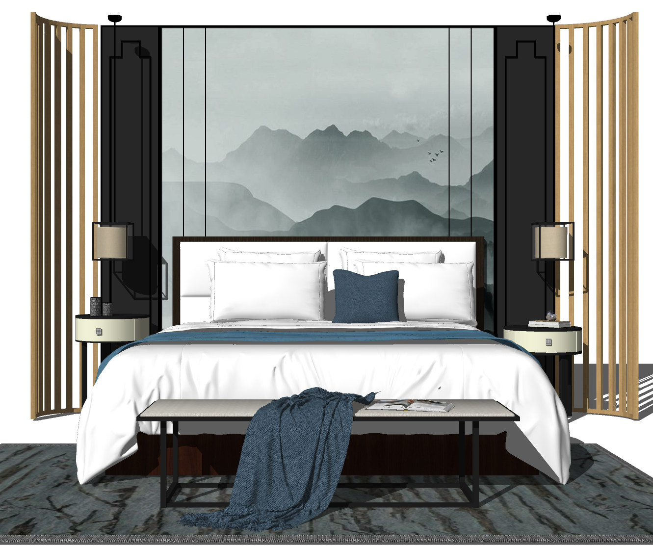 中式新中式双人床，床头柜，床头小吊灯，摆件，床尾凳，弧形床头背景墙，地毯su草图模型下载