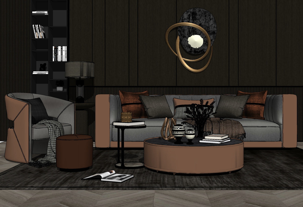 现代风格组合沙发 背景墙、吊灯su草图模型下载