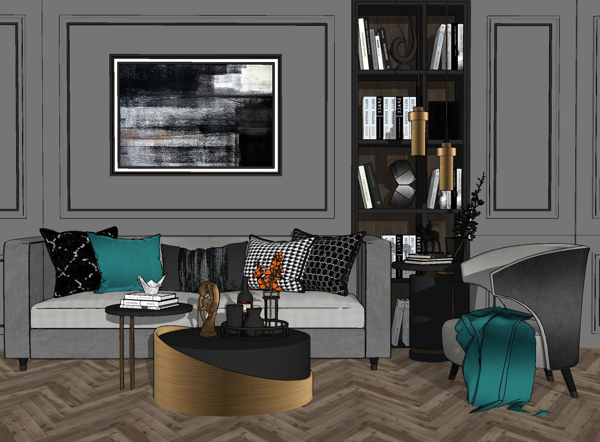 现代简约风格组合沙发 、茶几、背景墙su草图模型下载