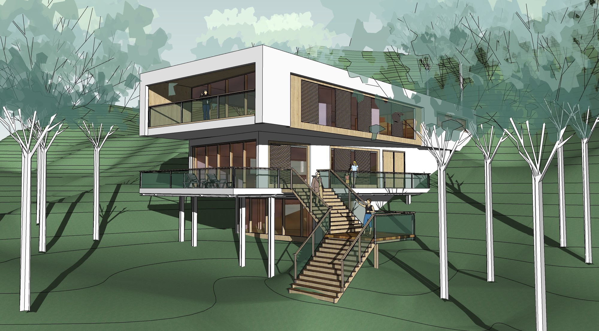 山地独栋现代别墅，抽象树玻璃楼梯su草图模型下载
