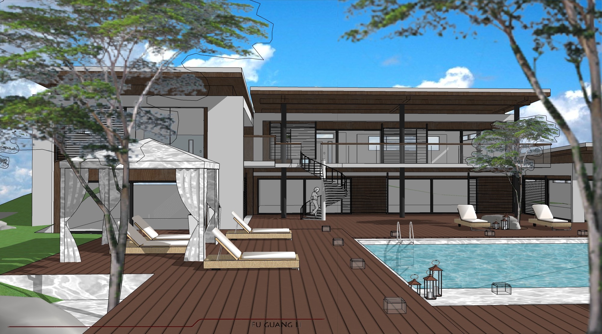 现代独栋别墅，景观庭院，户外泳池 su草图模型下载