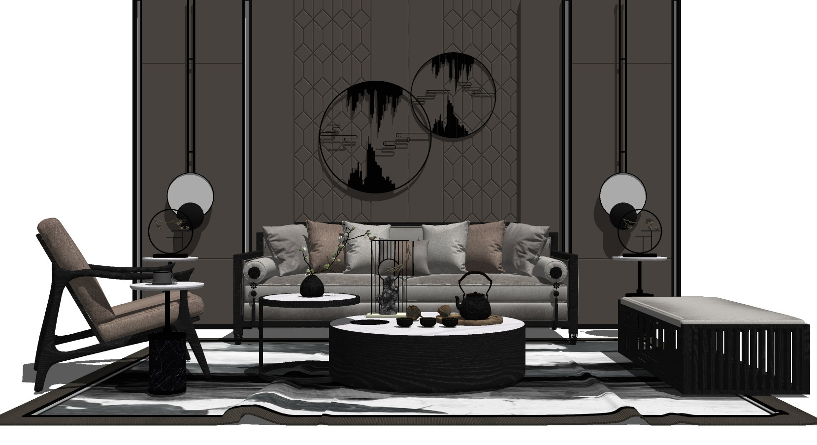 37新中式实木沙发组合，单椅，壁挂装饰品，摆件，茶几，灯几，背景墙su草图模型下载