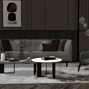 50现代轻奢皮艺风格组合沙发 背景墙 吊灯 大理石茶几 单人沙发椅su草图模型下载