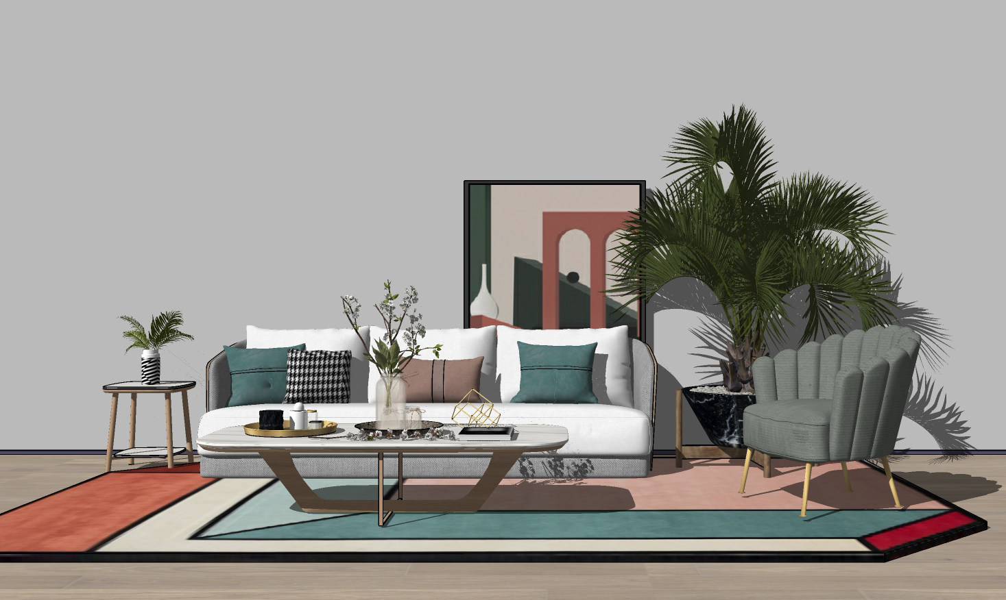 53现代轻奢沙发茶几组合，植物盆栽，单人椅沙发su草图模型下载