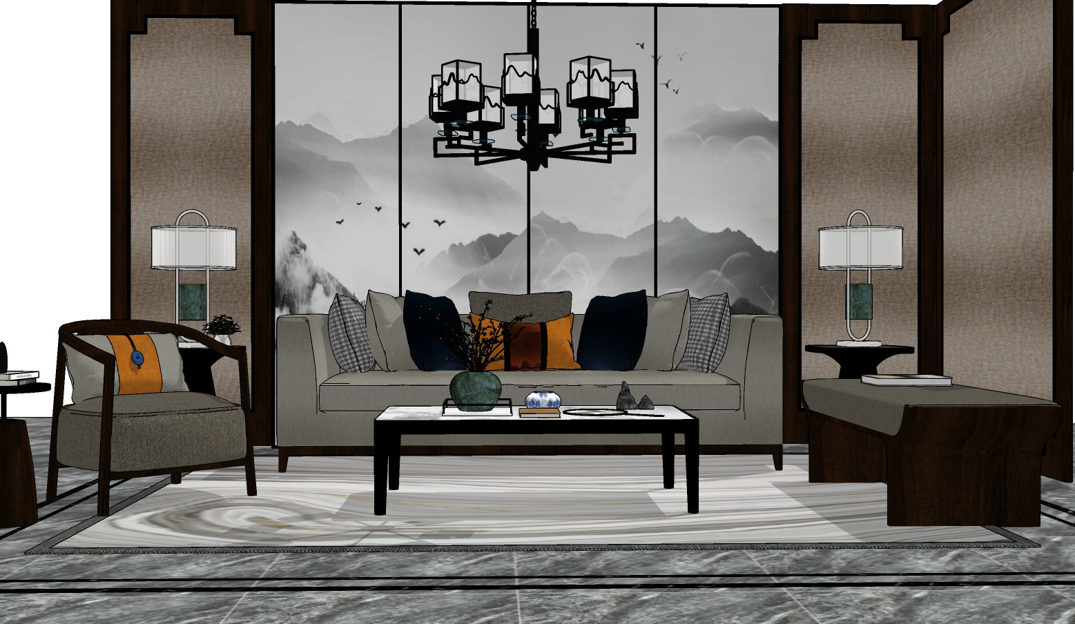 54新中式风格组合沙发 三人沙发 单人沙发 背景墙 屏风 吊灯 灯几su草图模型下载