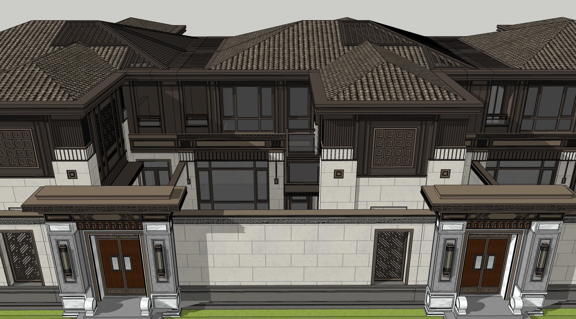 新中式别墅，会所，建筑院墙，围墙，大门，门头 su草图模型下载