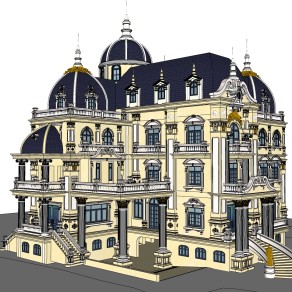 法式欧式古典巴洛克独栋别墅，城堡，宝瓶栏杆，门斗，楼梯入户门窗，门楼 su草图模型下载