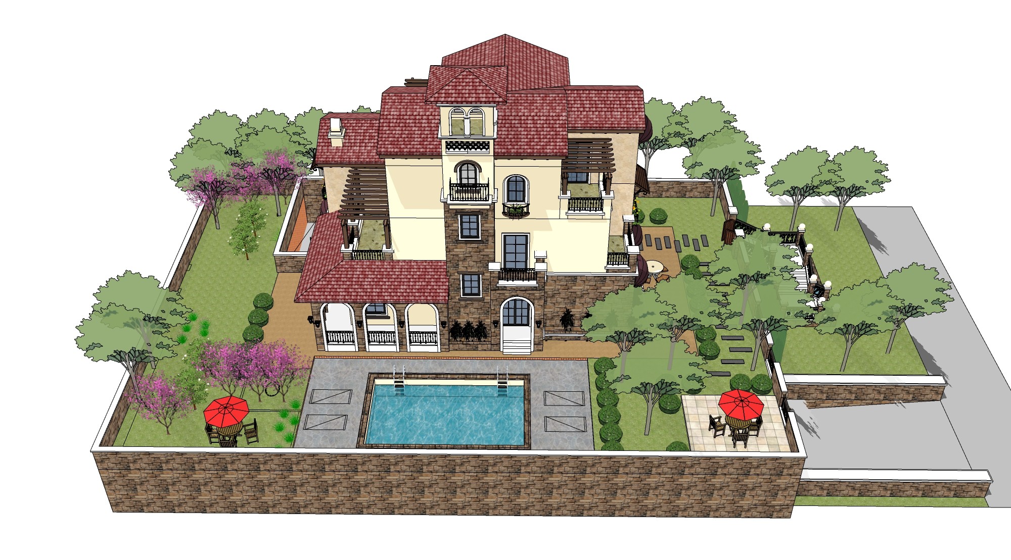 欧式美式户外独栋别墅，景观庭院带泳池，su草图模型下载