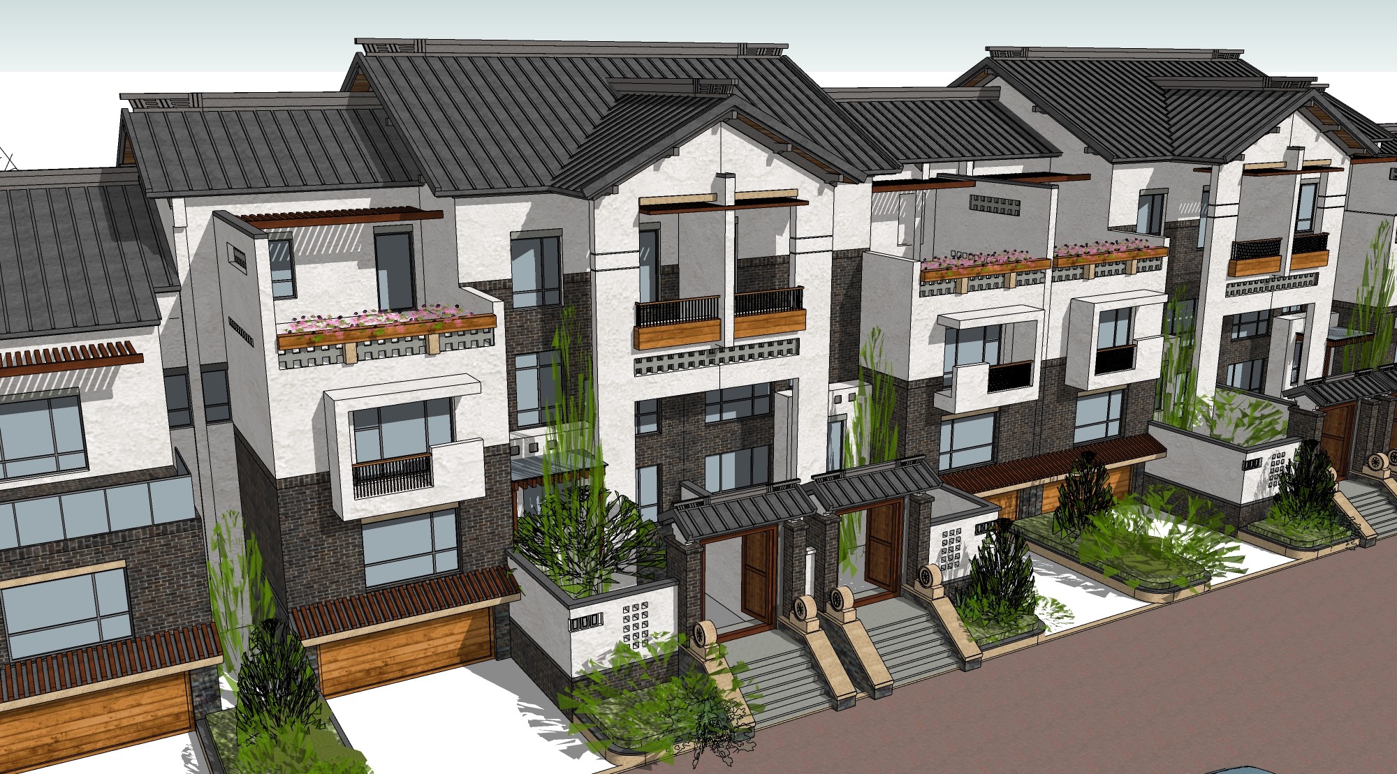 中式联排别墅，门头，大门，院墙绿植配景 su草图模型下载