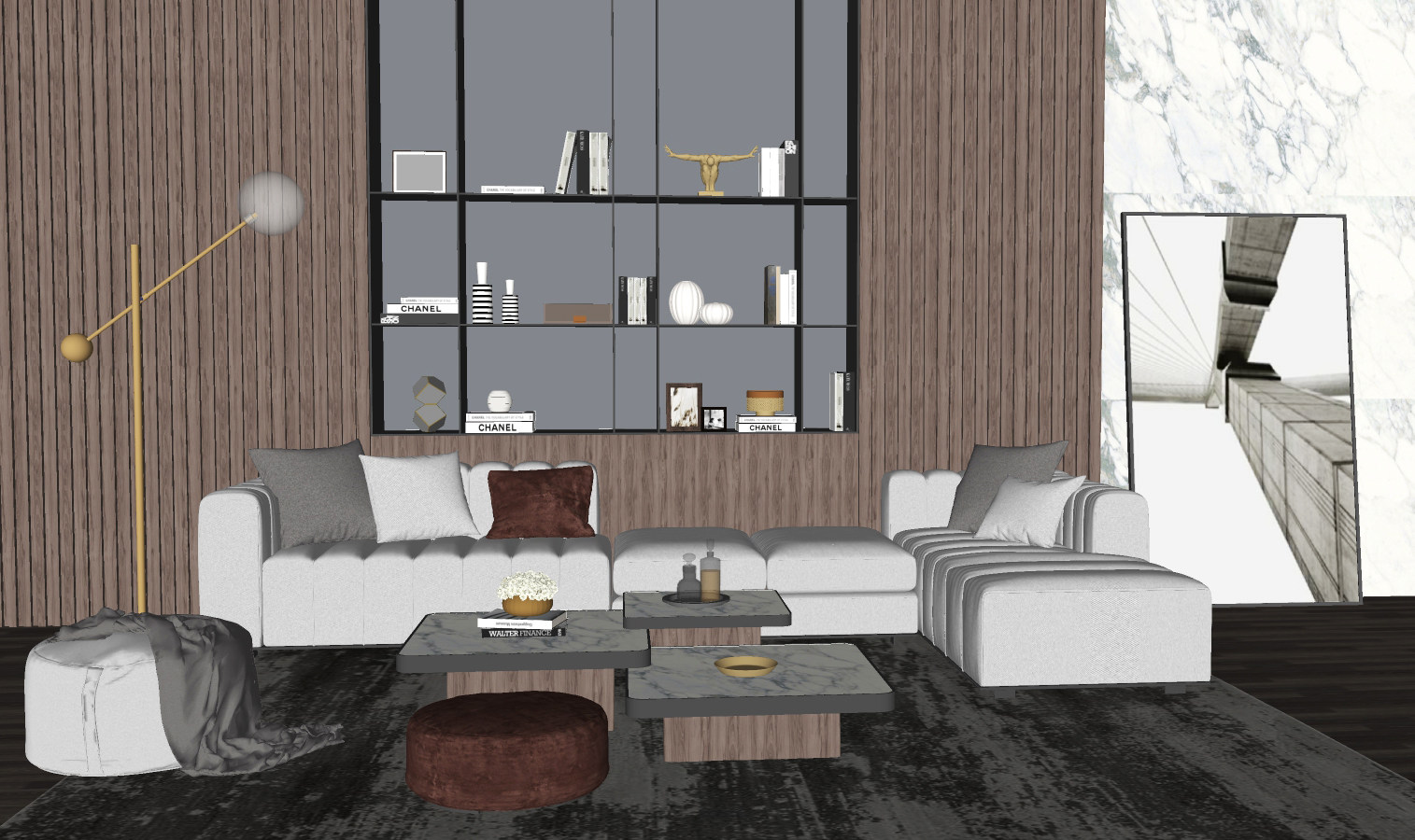 现代转角沙发茶几组合 装饰背景墙 摆件 金属落地灯