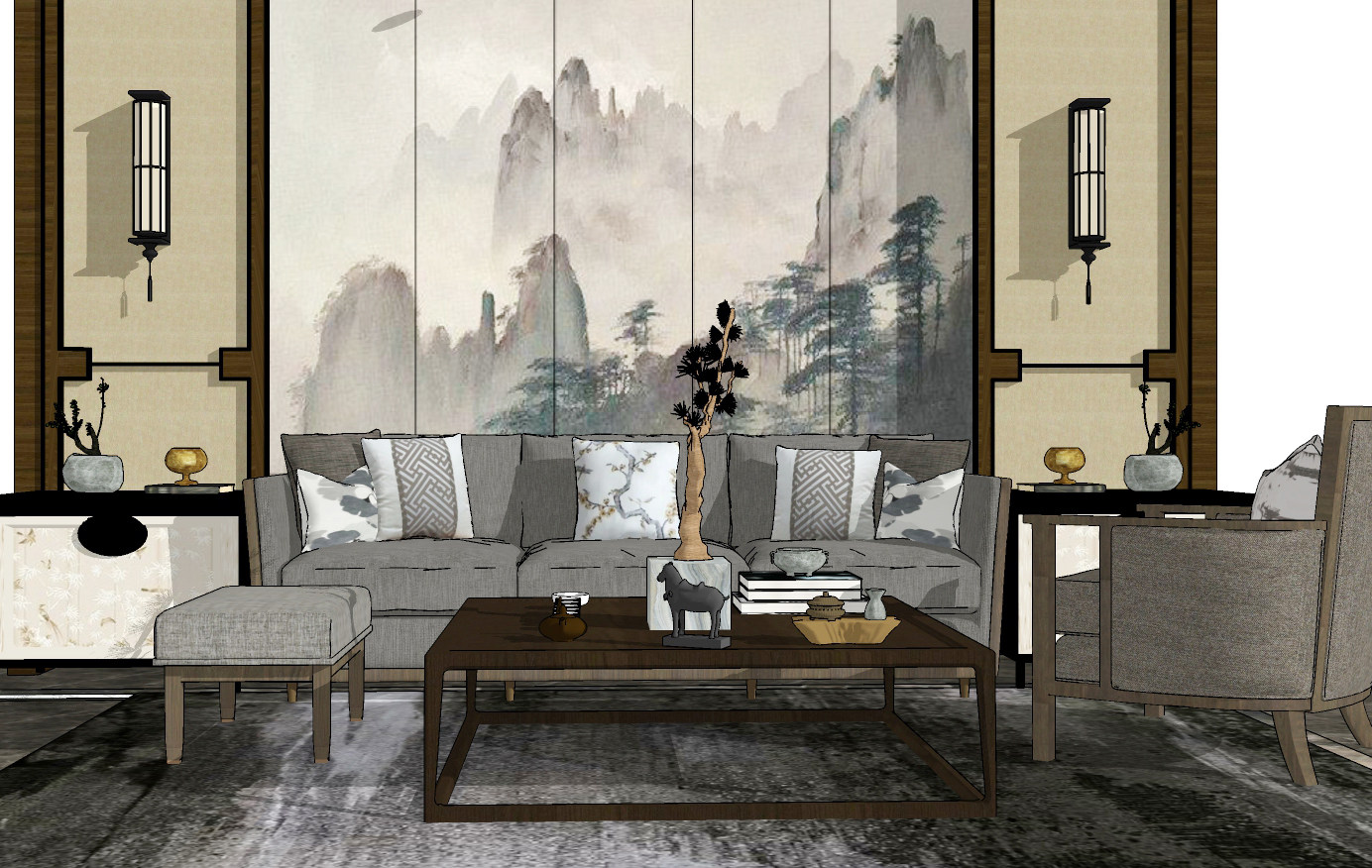 新中式布艺沙发茶几组合 单人沙发椅 边几 装饰柜