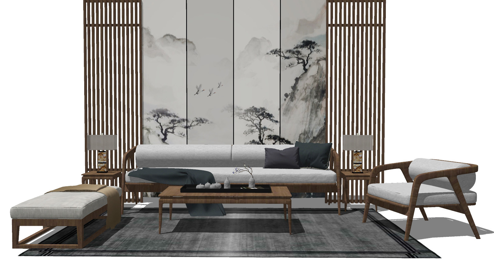 70新中式沙发组合 茶几 吊灯 装饰品 卧榻 屏风 背景墙 台灯su草图模型下载