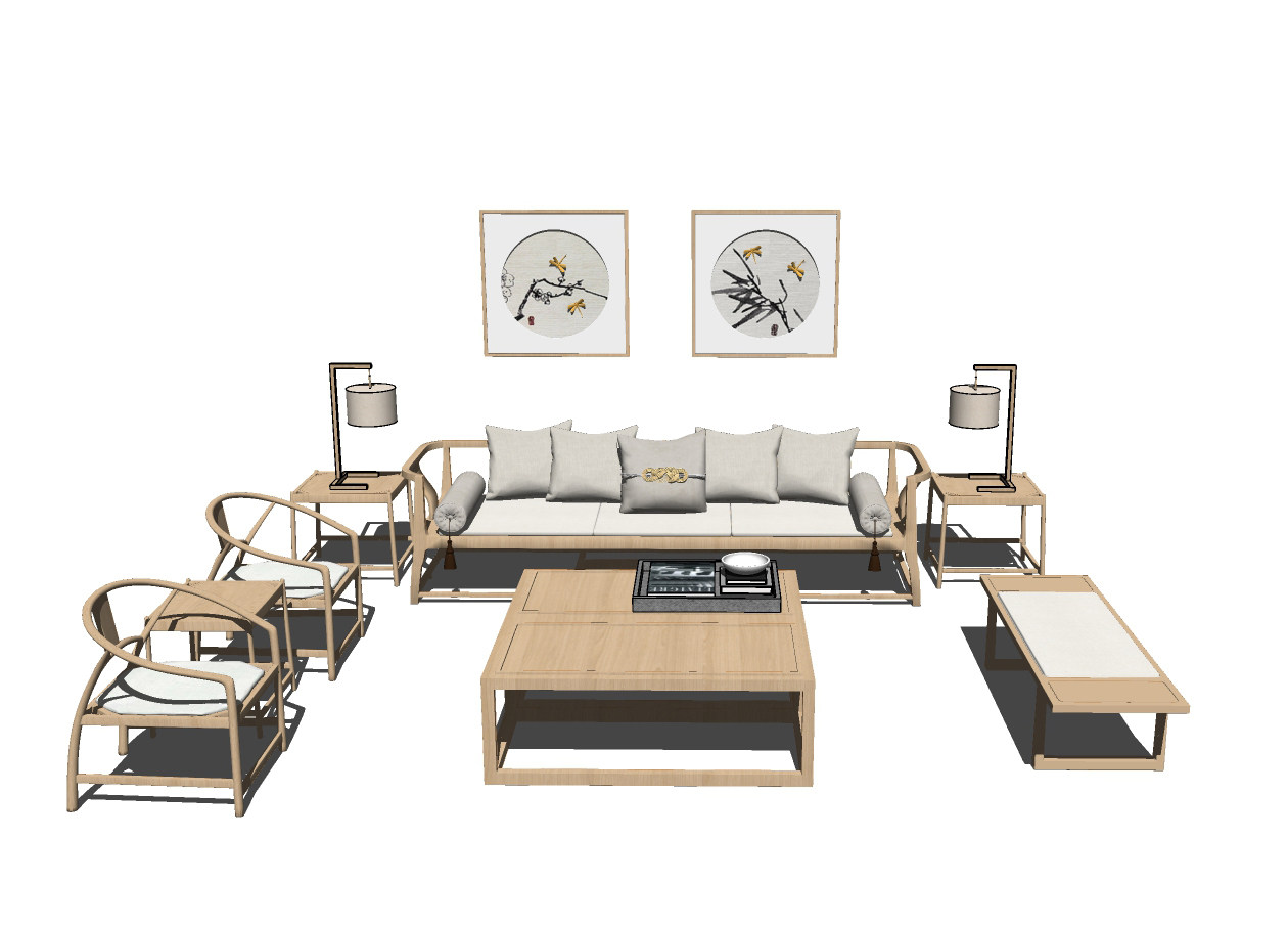 71新中式沙发组合 茶几  装饰品 卧榻 灯几 单椅su草图模型下载