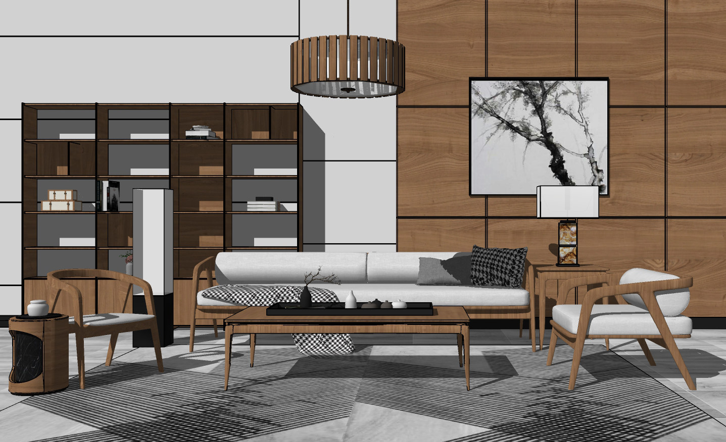 86现代新中式家具组合实木沙发 吊灯 背景墙 书柜 单人椅，书柜su草图模型下载