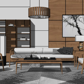 86现代新中式家具组合实木沙发 吊灯 背景墙 书柜 单人椅，书柜su草图模型下载