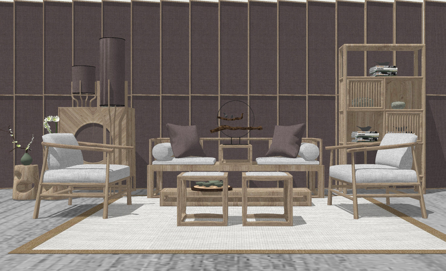 88中式新中式风格组合沙发 书柜 单人椅 屏风 隔断 矮凳 边柜，罗汉床su草图模型下载