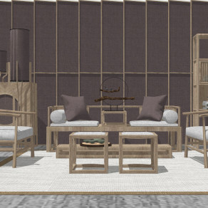 88中式新中式风格组合沙发 书柜 单人椅 屏风 隔断 矮凳 边柜，罗汉床su草图模型下载