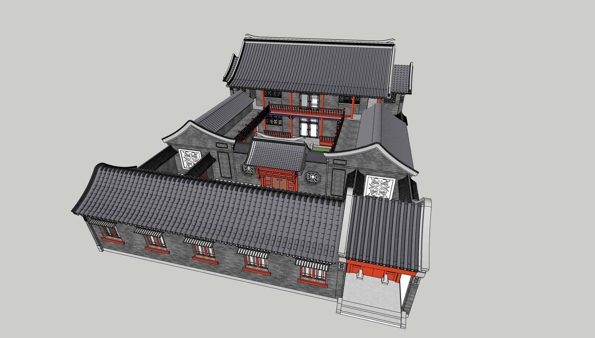 中式古建四合院院落，独栋别墅，雕花栏杆，门头门楼 ，大门 su草图模型下载