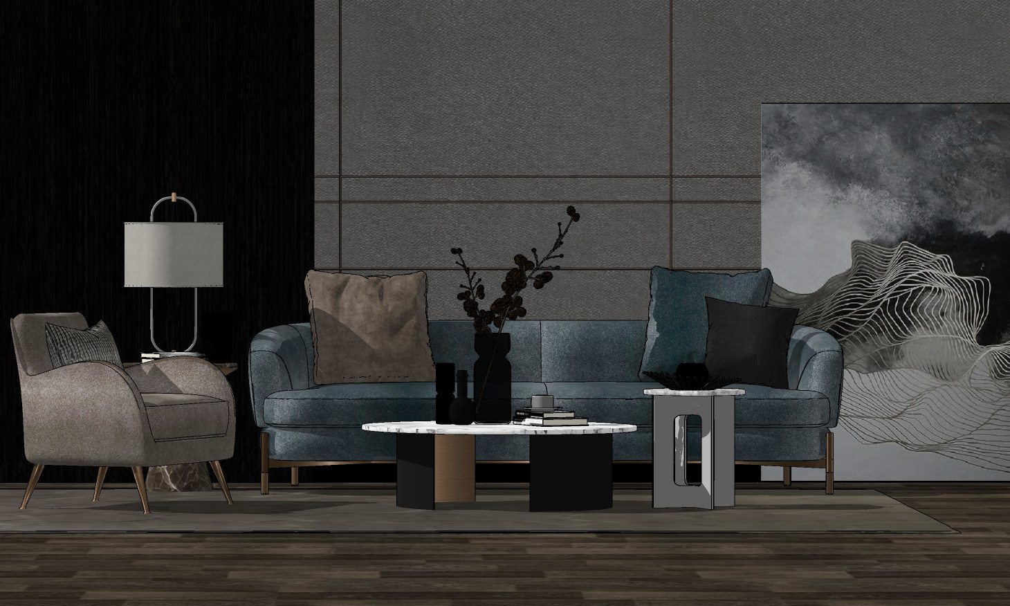 105现代北欧风格组合沙发 背景墙 茶几 单人沙发su草图模型下载