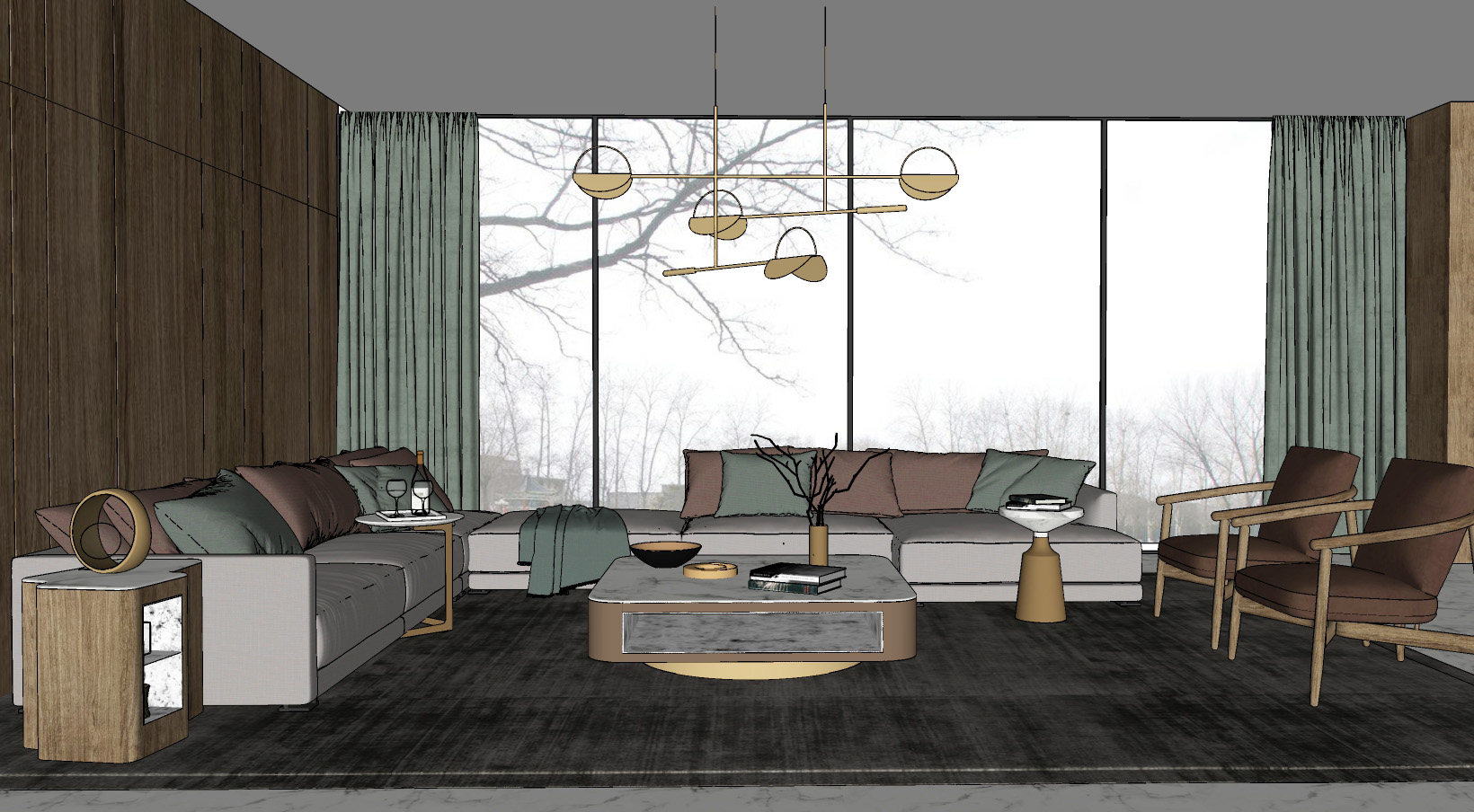 现代简约客厅 转角沙发茶几组合 金属吊灯  摆件组合